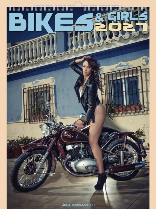 Bikes and Girls 2027 erotic A3 calendar, front cover, erotic, partial nudity: woman in an open jacket next to a red motorbike