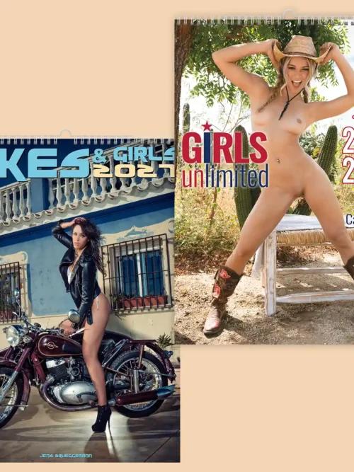 Set of two calendars, explicit nudity: front covers of Bikes and Girls 2027 A3 and Girls Unlimited 2027-2028 calendar