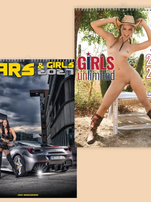 Set of two calendars, explicit nudity: front covers of Cars and Girls 2027 A3 and Girls Unlimited 2027-2028 calendar