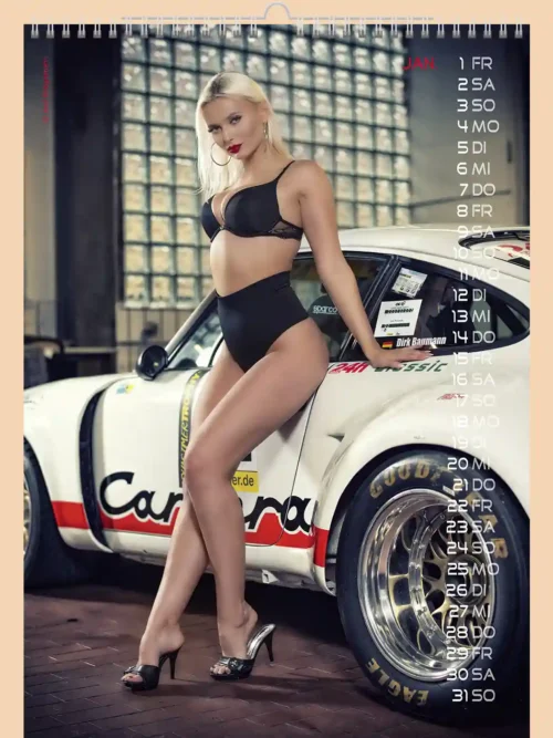 Cars and Girls 2027, January, erotic: blonde woman in black lingerie leaning on a white Porsche