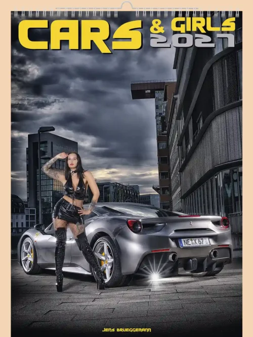 Cars and Girls 2027 erotic A3 calendar, front cover, erotic: woman in lingerie next to a silver sports car