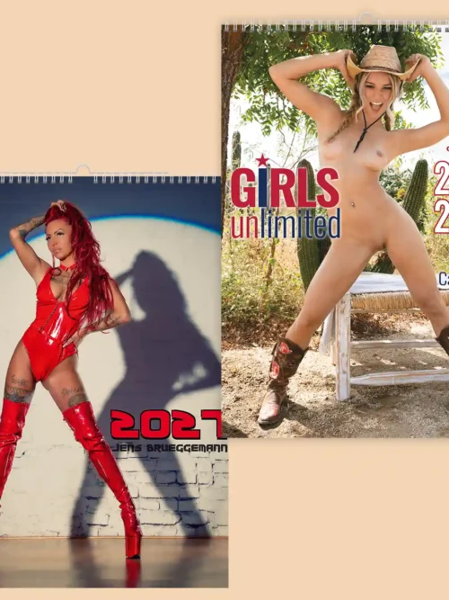 Set of two calendars, explicit nudity: front covers of Fetisch 2027 A3 and Girls Unlimited 2027-2028 calendar