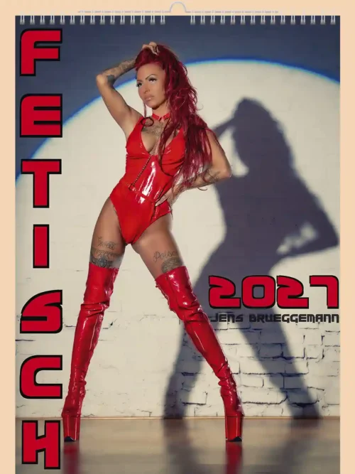 Fetisch 2027 erotic A3 calendar, front cover, erotic, fetish: woman in a red latex bodysuit and thigh boots