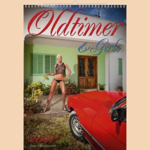Oldtimer and Girls 2027 erotic A3 calendar, front cover, erotic: woman in lingerie by a red vintage car