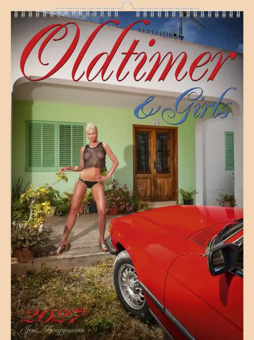 Oldtimer and Girls 2027 erotic A3 calendar, front cover, erotic: woman in lingerie by a red vintage car