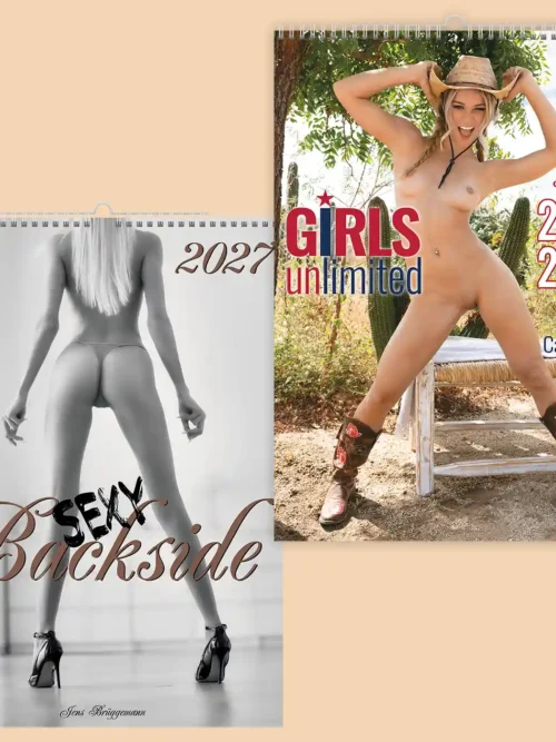 Set of two calendars, explicit nudity: front covers of Sexy Backside 2027 A3 and Girls Unlimited 2027-2028 calendar
