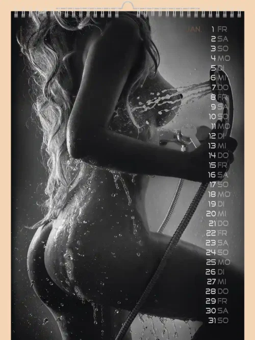 Sexy Backside 2027, January, erotic, full nudity: woman seen from behind under running water, black and white