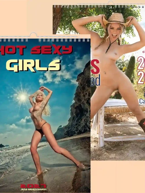 Set of two calendars, explicit nudity: front covers of Hot Sexy Girls 2027 A3 and Girls Unlimited 2027-2028 calendar