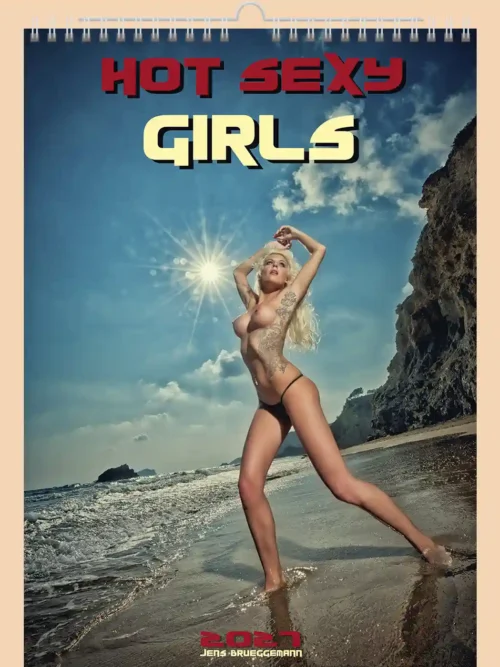 Hot Sexy Girls 2027 erotic A3 calendar, front cover, erotic, partial nudity: blonde woman in a bikini bottom on a beach