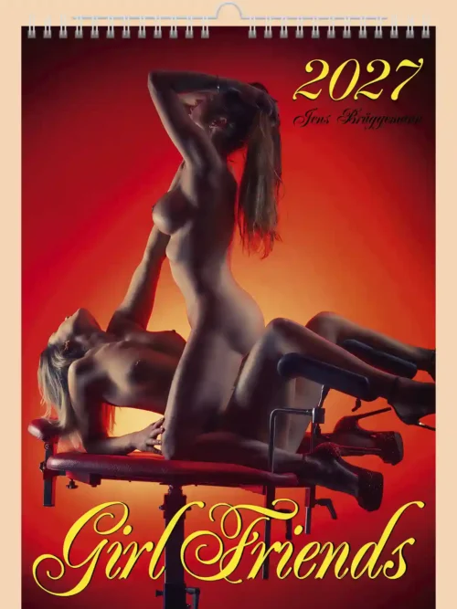 Girlfriends 2027 erotic A4 calendar, front cover, erotic, full nudity: two women on a bench in red light