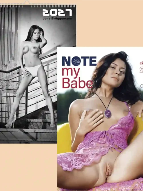 Set of two 2027 calendars, explicit nudity: front covers of Hot Stuff A4 and Note my Babe 2027 appointment calendar
