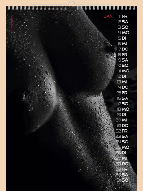 Hot Stuff 2027, January, erotic, partial nudity: close-up of a wet female body in low light, black and white