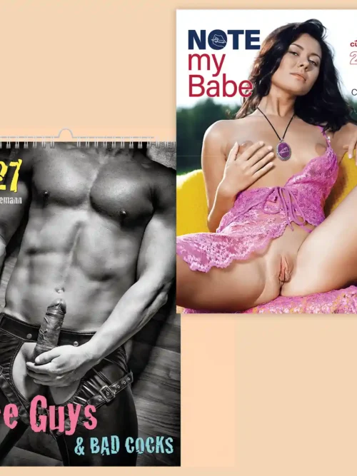 Set of two 2027 calendars, explicit nudity: front covers of Nice Guys and Bad Cocks A4 and Note my Babe