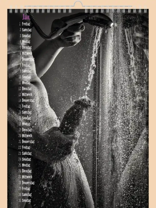 Nice Guys and Bad Cocks 2027, January, explicit nudity: man under a shower, black and white