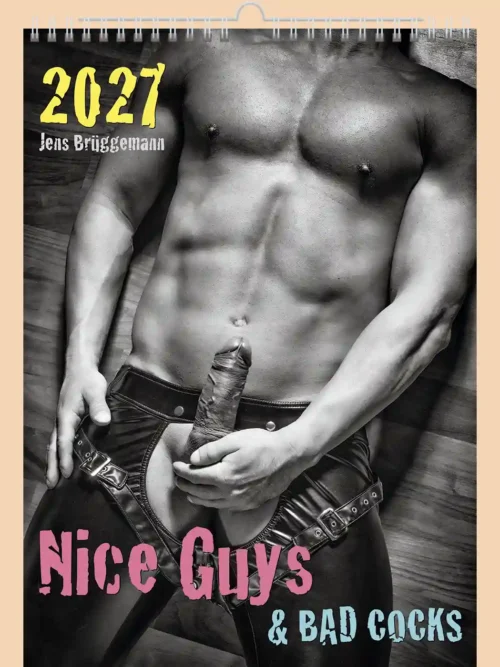 Nice Guys and Bad Cocks 2027 erotic A4 calendar, front cover, explicit nudity: muscular man, black and white