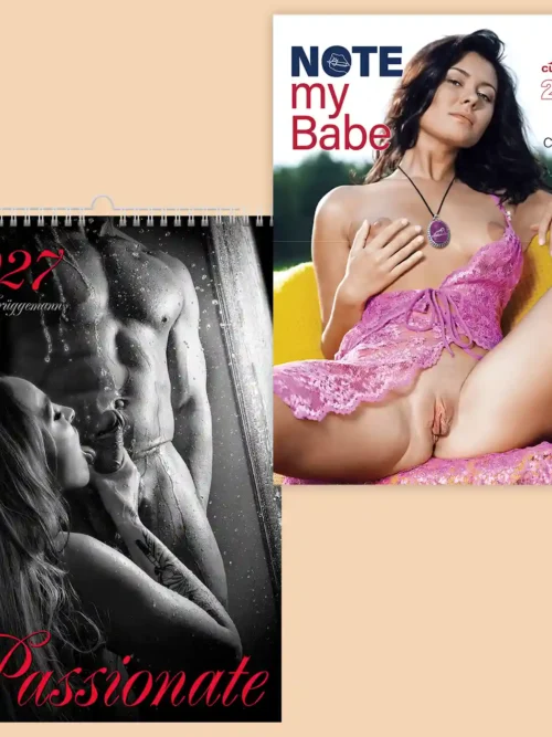 Set of two 2027 calendars, explicit sexual content: front covers of Passionate A4 and Note my Babe 2027 appointment calendar