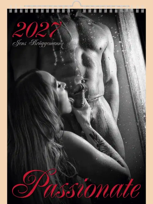 Passionate 2027 erotic A4 calendar, front cover, explicit sexual content: nude man and woman, black and white
