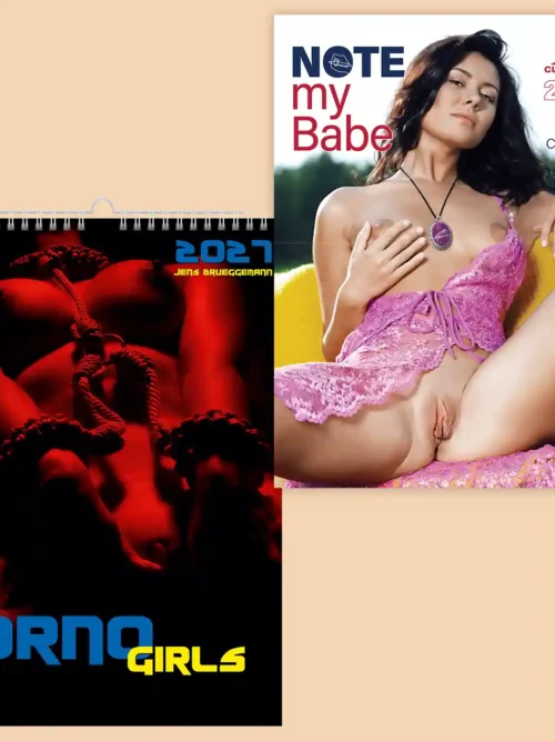 Set of two 2027 calendars, explicit nudity: front covers of Porno Girls A4 and Note my Babe 2027 appointment calendar