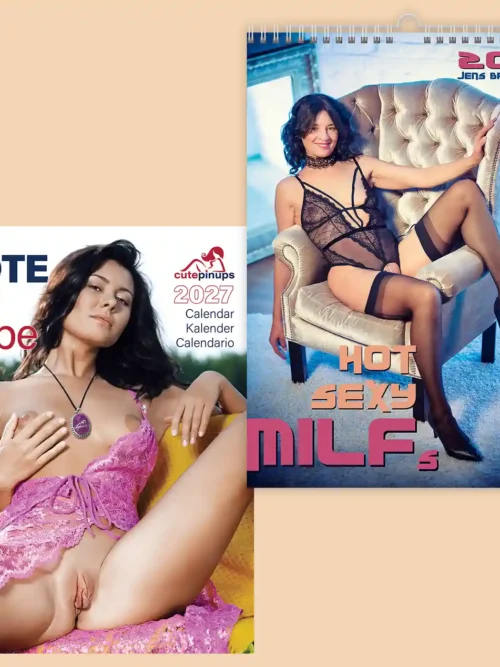 Set of two 2027 calendars, explicit nudity: front covers of Hot Sexy MILFs A4 and Note my Babe 2027 appointment calendar