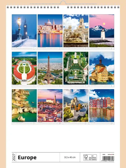 Europe 2027 wall calendar, back cover showing all twelve monthly photos of European cities and coastlines