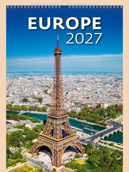 Europe 2027 wall calendar A3+, front cover with the Eiffel Tower above Paris