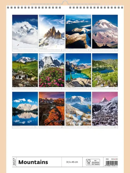 Mountains 2027 wall calendar, back cover showing all twelve monthly photos