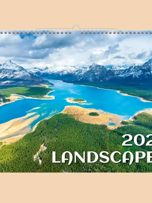 Landscapes 2027 wall calendar A3+, front cover: turquoise lake between forests and snowy mountains