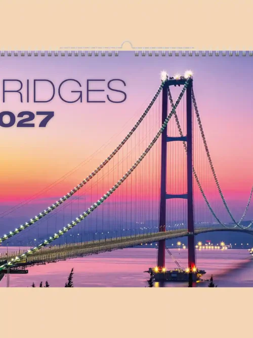 Bridges 2027 wall calendar A3+, front cover: suspension bridge at dusk under a pink sky