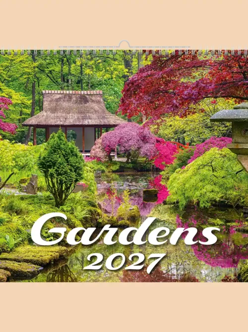 Gardens 2027 wall calendar A3+, front cover: Japanese garden with red maples and a tea house