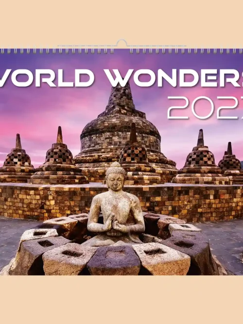 World Wonders 2027 wall calendar A3+, front cover: Buddha statue and stupas of Borobudur, Indonesia