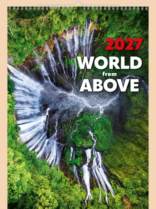 World from Above 2027 wall calendar A3+, front cover: aerial view of Tumpak Sewu waterfall, Java, Indonesia