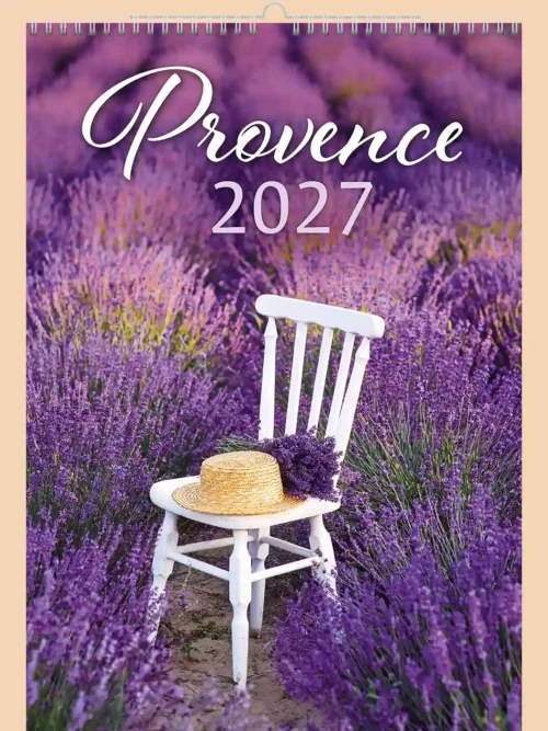 Provence 2027 wall calendar A3+, front cover: white chair with a straw hat in a lavender field