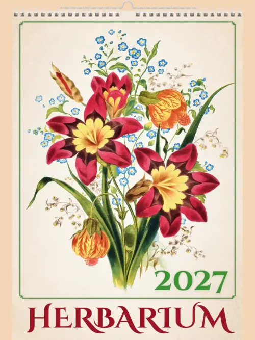 Herbarium 2027 wall calendar A3+, front cover: vintage botanical illustration of a bouquet with red lilies