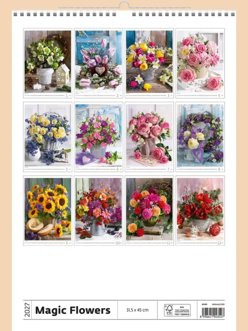Magic Flowers 2027 wall calendar, back cover showing all twelve monthly photos