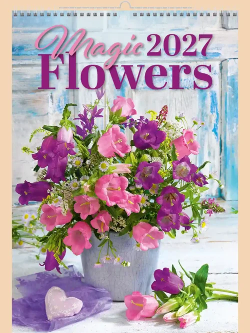 Magic Flowers 2027 wall calendar A3+, front cover: bouquet of pink and purple flowers in a vase