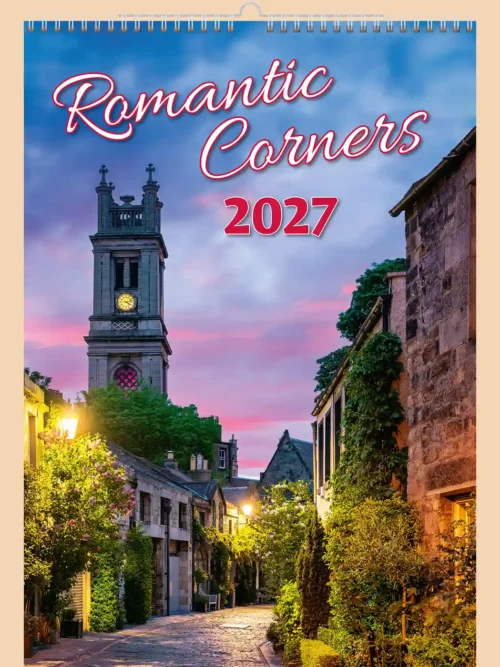 Romantic Corners 2027 wall calendar A3+, front cover: old stone street with a church tower at dusk