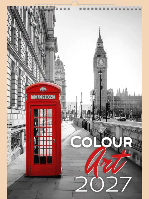 Colour Art 2027 wall calendar A3+, front cover: red telephone box and Big Ben in a black and white London street