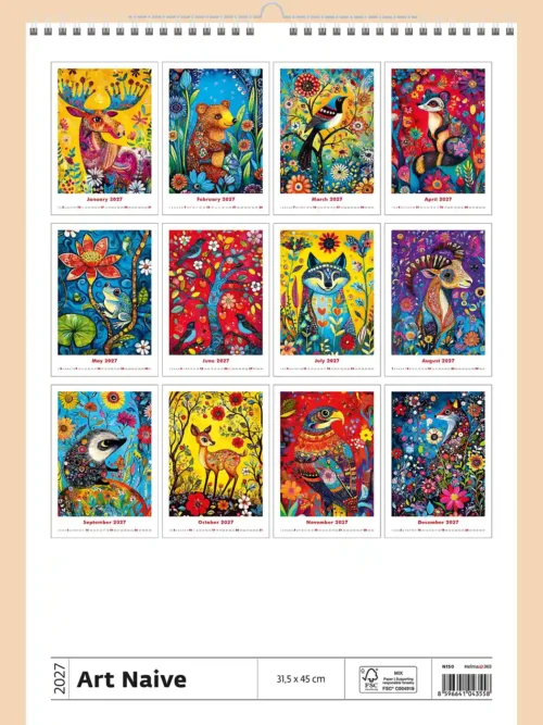 Art Naive 2027 wall calendar, back cover showing all twelve monthly paintings