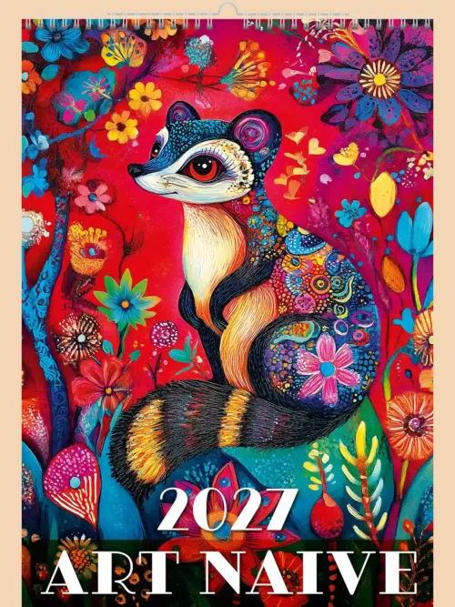 Art Naive 2027 wall calendar A3+, front cover: colourful folk-art painting of a raccoon-like animal among flowers
