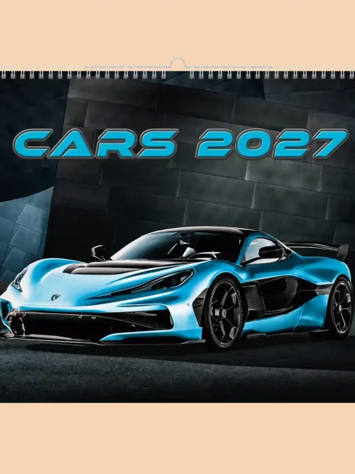Cars 2027 wall calendar A3+, front cover: silver-blue sports car in a dark studio