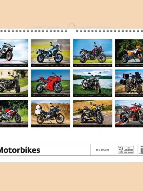 Motorbikes 2027 wall calendar, back cover showing all twelve monthly photos