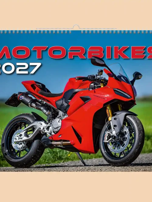 Motorbikes 2027 wall calendar A3+, front cover: red Ducati sports motorbike on a country road