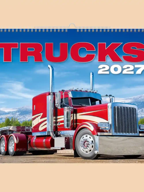 Trucks 2027 wall calendar A3+, front cover: red American truck in front of mountains