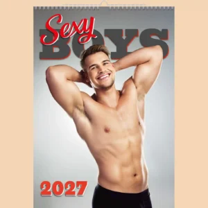 Sexy Boys 2027 erotic A3+ calendar, front cover, erotic: shirtless smiling man with his hands behind his head