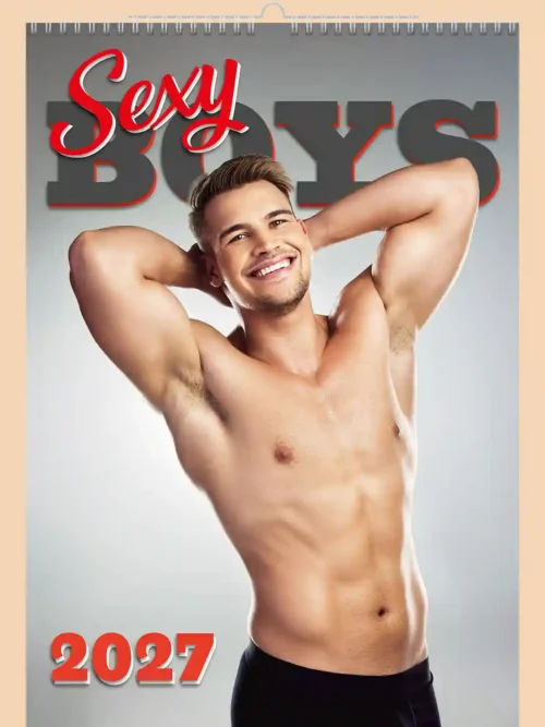 Sexy Boys 2027 erotic A3+ calendar, front cover, erotic: shirtless smiling man with his hands behind his head