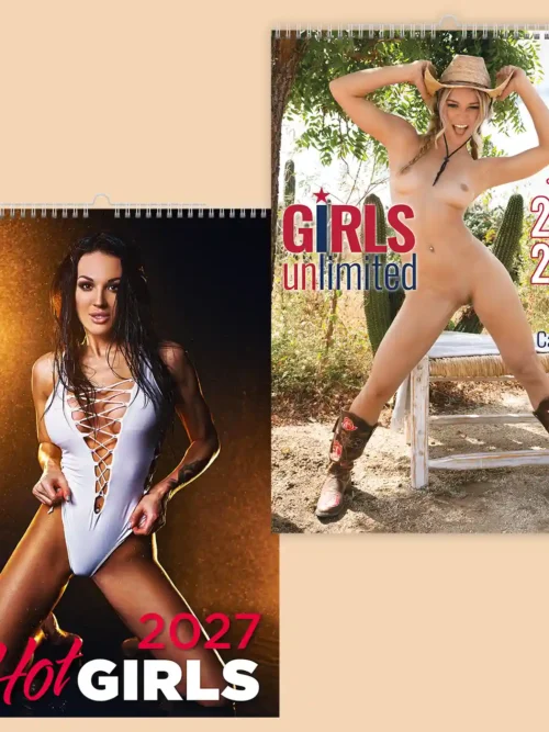 Set of two calendars, explicit nudity: front covers of Hot Girls 2027 and Girls Unlimited 2027-2028 calendar