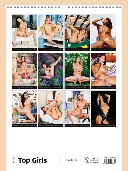 Top Girls 2027 calendar, back cover, explicit nudity: overview of all twelve monthly photos