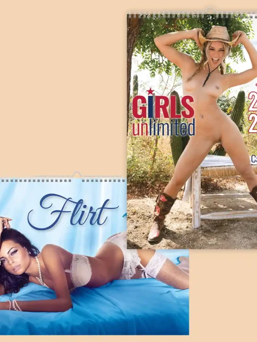 Set of two calendars, explicit nudity: front covers of Flirt 2027 and Girls Unlimited 2027-2028 calendar