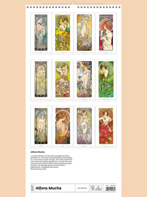 Alfons Mucha 2027 wall calendar, back cover showing all twelve monthly illustrations