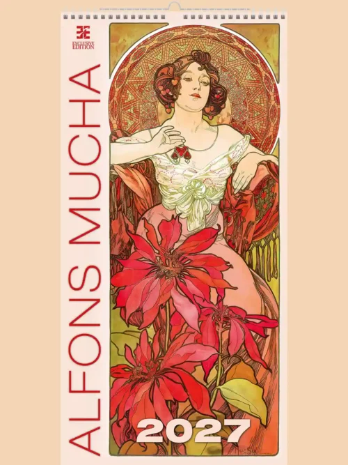 Alfons Mucha 2027 wall calendar A2, front cover: Art Nouveau illustration of a woman with red poinsettias